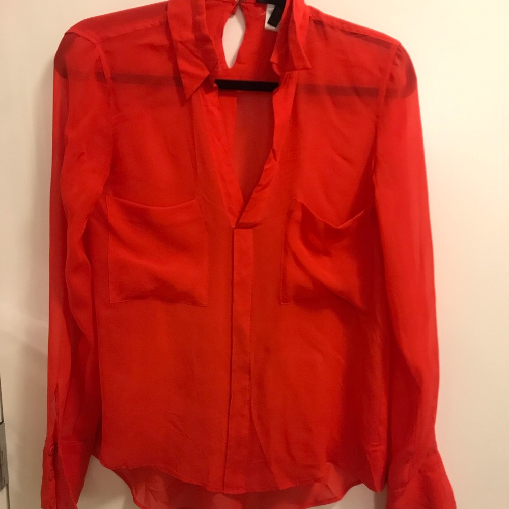BCBG Red Poppy Sheer Silk Blouse XS